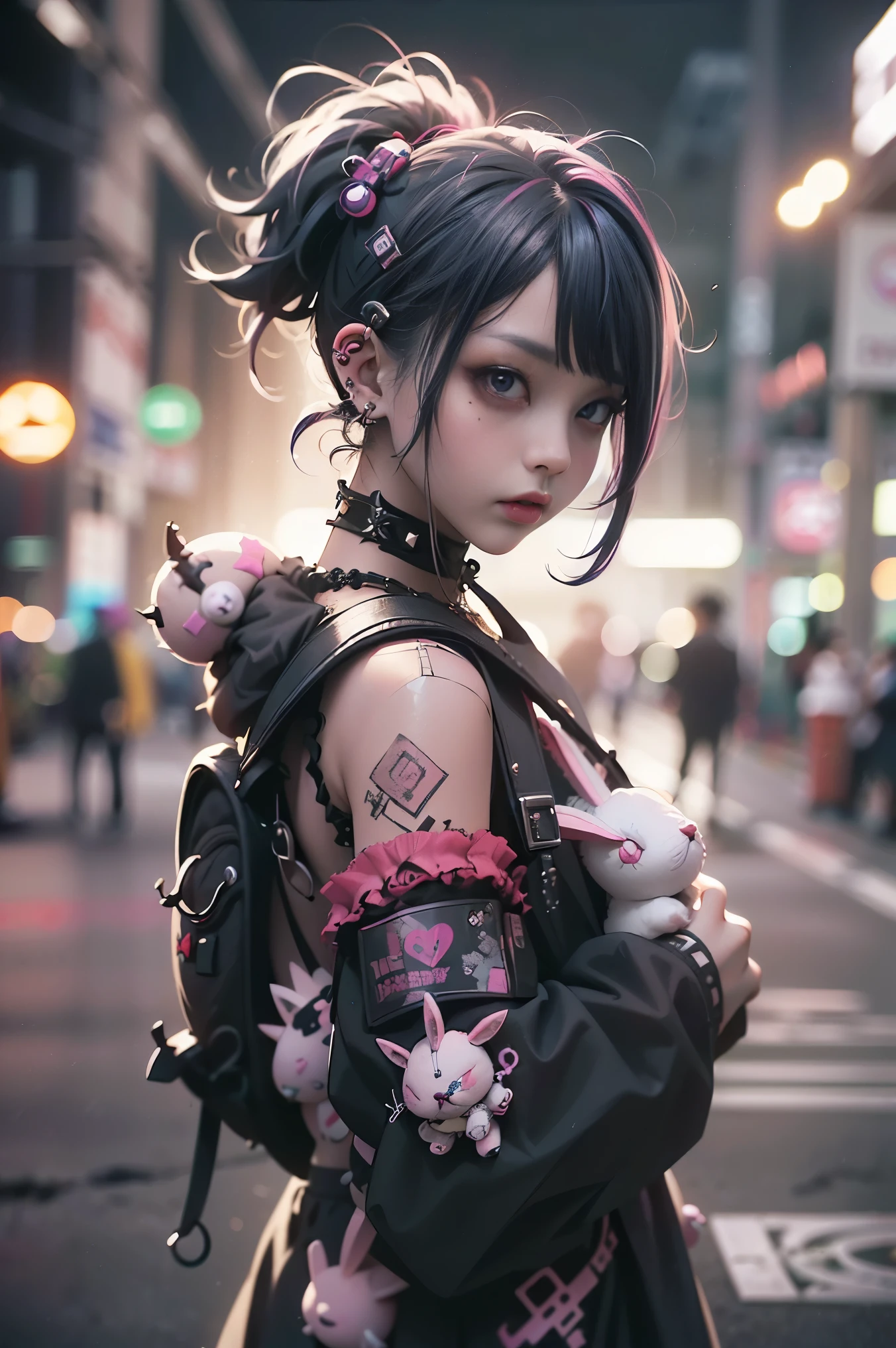 (highest quality、8k、32K、masterpiece、nffsw:1.3)、(Photoreal:1.4),(shoot from front,looking at viewer,1.5)、18-year-old punk girl,eccentric punk hair,(Multiple piercings on face1.5)、((Black and shocking red punk fashion 1.5)),clothes with studs、(1 holding a stuffed crazy bunny in his left hand.5)、black backpack on the back、(one with bright black and pink hair.5),Wacky makeup、、dark background、Desolate city in the rain、puddle on the road、(cinematic lighting)、Depth of the bounds written,blurred background、