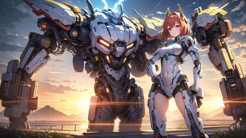 ((​masterpiece, best quality)), Illustration, ultra-detailed 8K, realisti, Clear focus, muito detalhado, professional lightning, colorful details, Rainbow colors BREAK Factory Super Totale, (1 large mechanical robot), microchip, computers, luminescence, Intricate detailing, Shitu-mecha, 1 girl in the lower scale stands in front of the viewer, navel