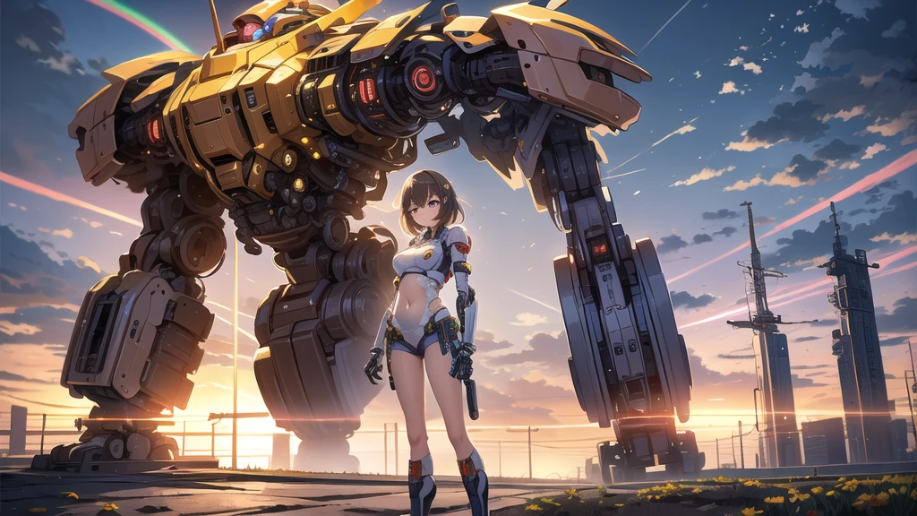 ((masterpiece, best quality)), Illustration, ultra-detailed 8K, realisti, Clear focus, muito detalhado, professional lightning, colorful details, Rainbow colors BREAK Factory Super Totale, (1 large mechanical robot), microchip, computers, luminescence, Intricate detailing, Shitu-mecha, 1 girl in the lower scale stands in front of the viewer, navel