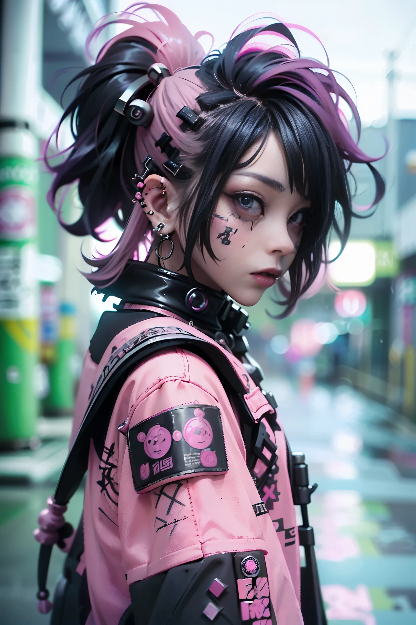 (highest quality、8k、32K、masterpiece、nffsw:1.3)、(Photoreal:1.4),(shoot from front,looking at viewer:1.5)、18-year-old punk girl,eccentric punk hair,((pink and black punk fashion:1.5)),clothes with studs、(1 holding a stuffed crazy bunny in his left hand.5)、black backpack on the back、(bright black and pink hair:1.5),Wacky makeup、、dark background、Desolate city in the rain、puddle on the road、(cinematic lighting)、Depth of the bounds written,blurred background、
