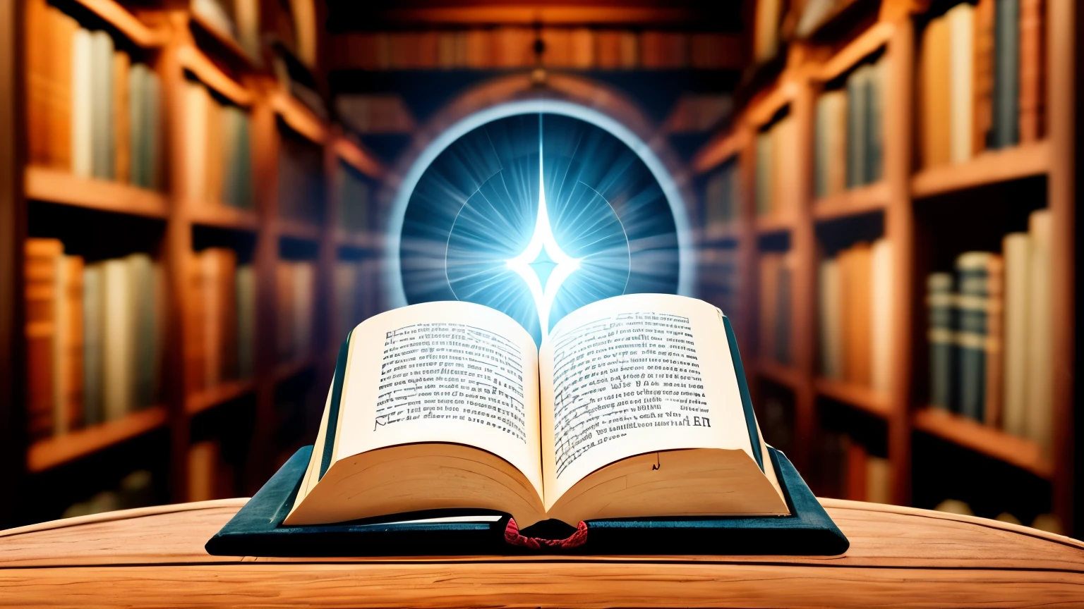 holy book with divine aura levitating in the center of an ancient library