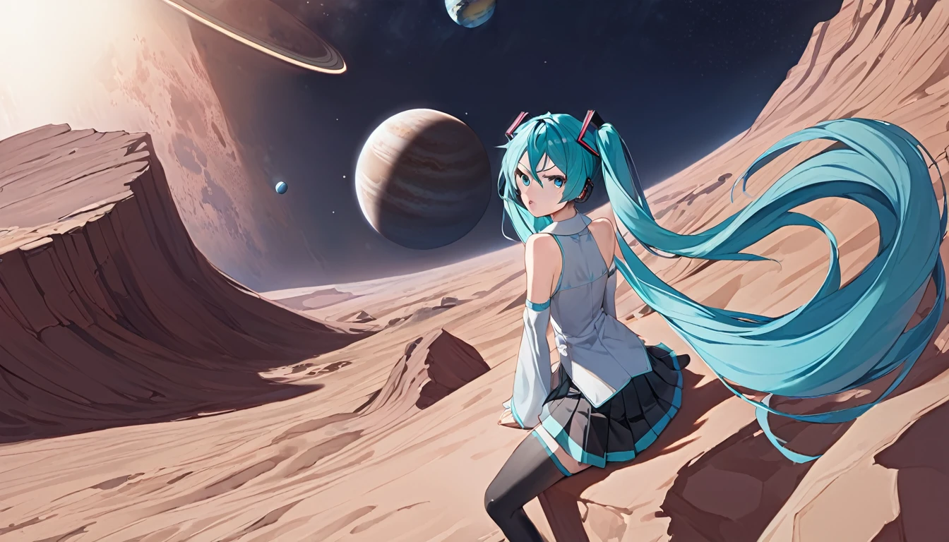 masterpiece, best quality,1girl,hatsune miku,aqua hair, aqua eyes, long hair, twintails, gradient hair, bare shoulders,black skirt,blue necktie,detached sleeves,small breasts,grey shirt,long sleeves,miniskirt,pleated skirt, thighhighs, angry ,outdoors,shiny clothes,looking at viewer from a distance, space, sitting on an deserted planet, and you can see various other planets near