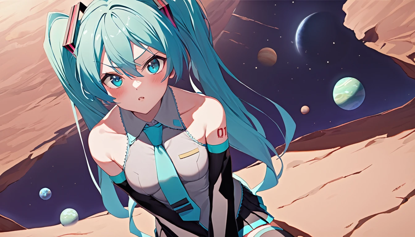 masterpiece, best quality,1girl,hatsune miku,aqua hair, aqua eyes, long hair, twintails, gradient hair, bare shoulders,black skirt,blue necktie,detached sleeves,small breasts,grey shirt,long sleeves,miniskirt,pleated skirt, thighhighs, angry ,outdoors,shiny clothes,looking at viewer from a distance, space, sitting on an deserted planet, and you can see various other planets near