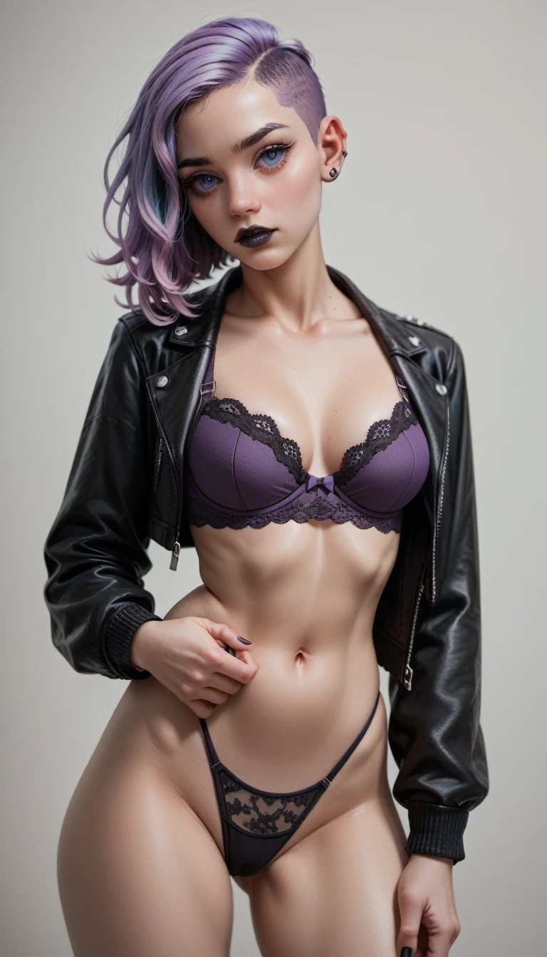 rating_explicit, beautyfull slender woman, tall woman, lilac details, sidecut big lilac hair, lilac hair, black lipstick, black jacket, purple bra, black panties, punk,