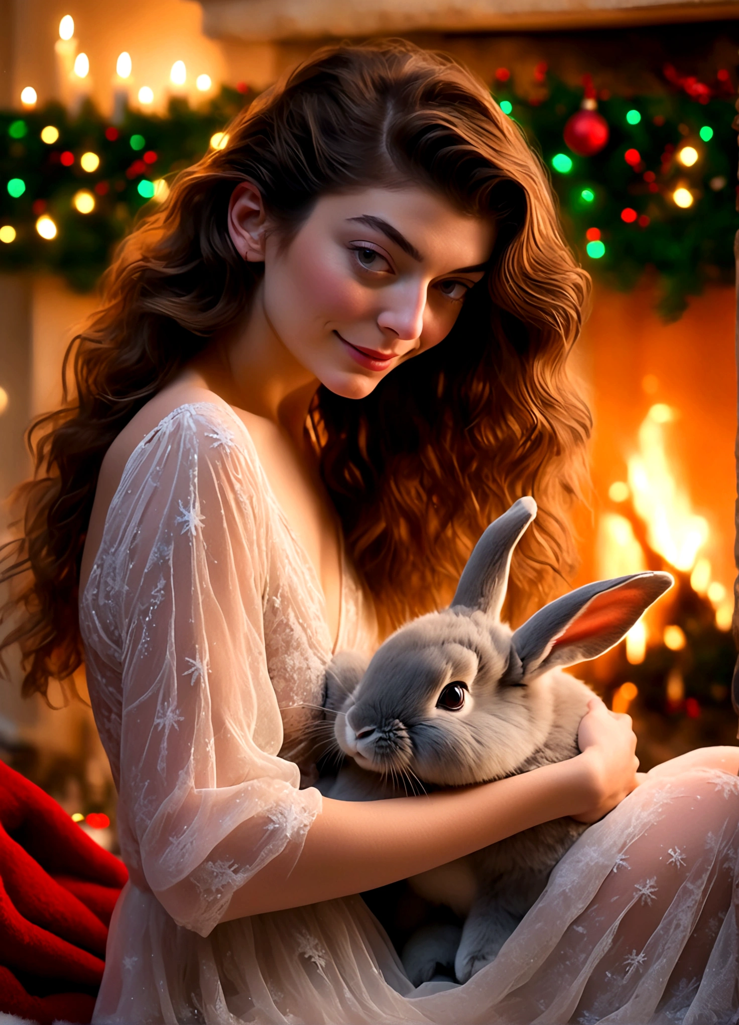 a beautiful young woman (Lorde Ella Marija Lani Yelich-O'Connor, age 25), wearing an airy sheer Christmas night gown (shoulders exposed, deeply plunging neckline) , nude except for night gown, her intimate areas partially exposed and very detailed, playing with a baby bunny by an old-fashioned fireplace with a roaring fire, playing with and petting a cute baby bunny while looking back at the viewer seductively she is bent over with her ass arched up to the viewer her private areas fully exposed, Christmas scene (best quality, 4k, 8k, highres, masterpiece:1.2), ultra-detailed, (realistic, photorealistic, photo-realistic:1.37), HDR, UHD, studio lighting, ultra-fine painting, sharp focus, physically-based rendering, extreme detail description, professional, vivid colors, bokeh, portrait, figurative, intimate, sensual, cozy, Christmas, warm lighting, chiaroscuro (show her entire body, show all of her)
