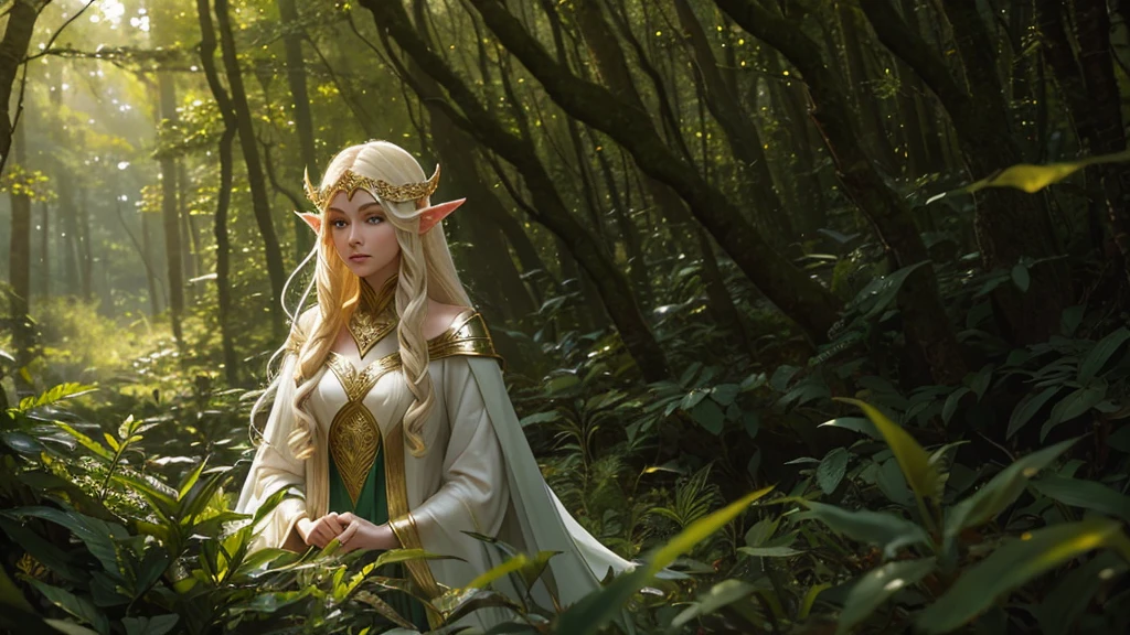 "Elf with a captivating look, ethereal beauty, flowing golden hair, pointy ears, adorned with elaborate elf costume, surrounded by mystical forest, Gentle sunlight, that falls through lush green."