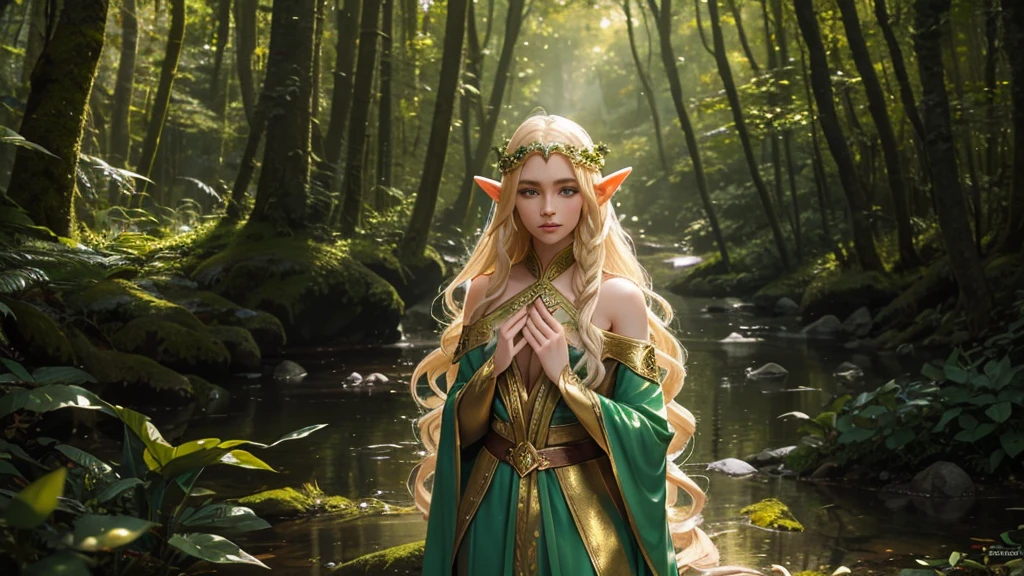 "Elf with a captivating look, ethereal beauty, flowing golden hair, pointy ears, adorned with elaborate elf costume, surrounded by mystical forest, Gentle sunlight, that falls through lush green."