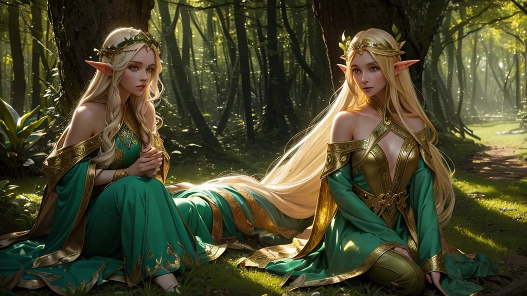 "Elf with a captivating look, ethereal beauty, flowing golden hair, pointy ears, adorned with elaborate elf costume, surrounded by mystical forest, Gentle sunlight, that falls through lush green."