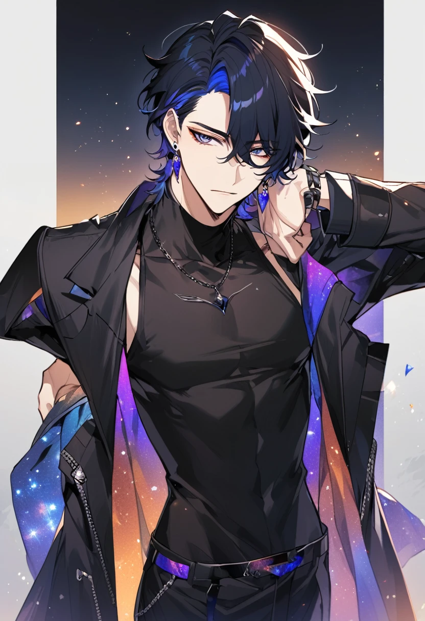 a handsome young man, he wears galaxy colored earrings, he looks so mysterious, He was dressed in a black shirt with his black coat hanging over his shoulder. Manhwa style.  