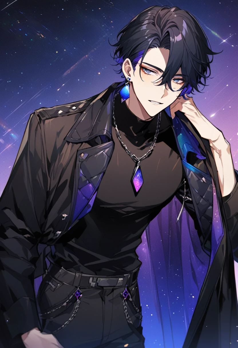 a handsome young man, he wears galaxy colored earrings, he looks so mysterious, He was dressed in a black shirt with his black coat hanging over his shoulder. Manhwa style.  