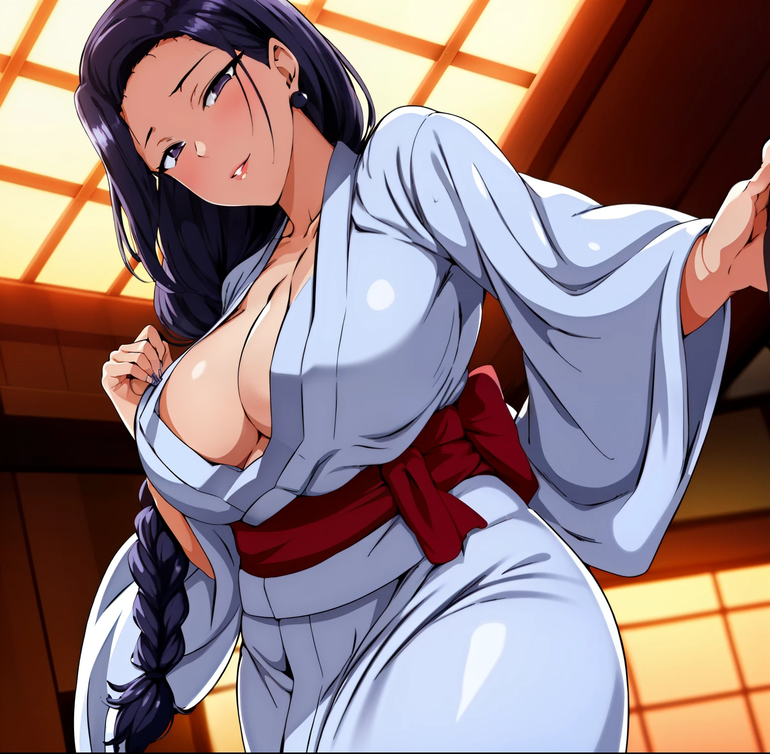 ((1 girl)),((Alone)), Tsubaki Miyajima ,((Extremely detailed CG unity 4k wallpaper)),(Masterpiece),(ultra quality),(Ultra detailed),(best illustration),( best shadow),(extremely detailed),(absurdities),(detailed background), looking at viewer, ((eye contact, (standing:1.2), (skirt pulling:1.3), (seductive look:1.2), seductive smile, ((white kimono:1.4),cleavage,bare legs)) black_Hair, long_Hair, Hair_pulled_Back, parted_Lips, purple_eyes, braid, 1 girl, 24 years old, mature woman, beautiful Finger, beautiful long legs, beautiful body, beautiful Nose, beautiful character design, perfect eyes, perfect face, perfect Fingers, perfect hands, perfect breasts, perfect body, perfect mouth, perfect Lips, , mature woman, curvy body, long hair, black purple hair, blue eyes, dynamic pose, cowboy shot, (thighs: 1.2) , thick thighs )),((interior, ((Standing: 1.2)), house traditional Japanese,night,moon,window,urban background,city lights)),big breasts,narrow waist,wide hips,medium thighs,round butt,Beautiful detailed eyes,suductive look,nail polish,solo,earrings,Backlit ,looking back,from behind,((focus on ass)), pov: (from below), perfect anatomy, perfect hands