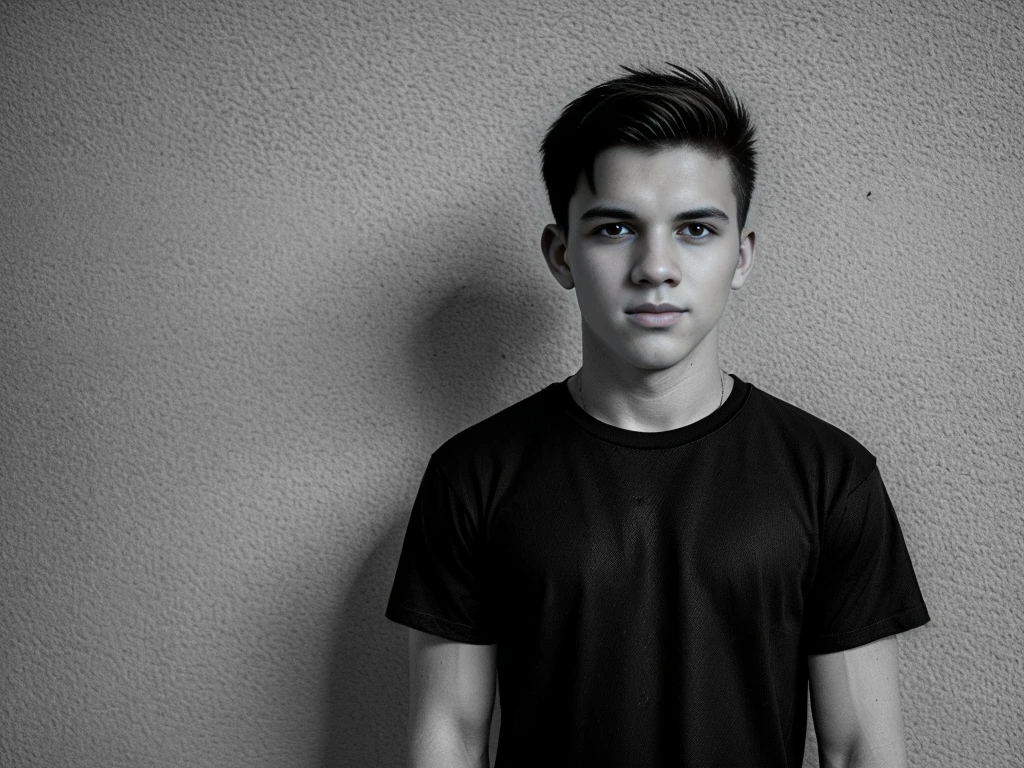 Generate an image in cinematic black and white, a young man wearing a black loose tee shirt in a street . Include a textured on the wall in the background. photograohic illumination