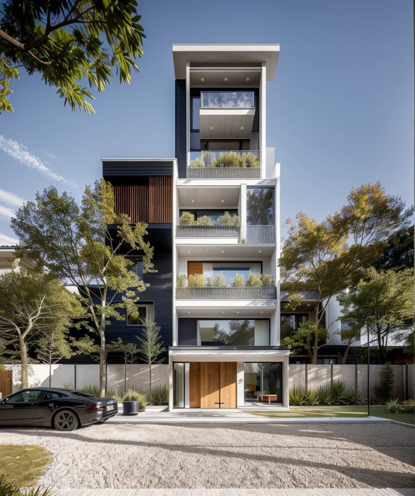 1 architecte moderne, main material by white wall and wood, 1 large courtyard, 1 road passes in front of the house,  (Photo brute, real, best quality, head of&#39;artwork:1.2), avoir l&#39;modern and minimalist look, 1 route devant la maison, dynamic lighting:1.3, (hyper realistic, photo-realistic:1.2), High quality, (dark lighting:1.2), perfect lighting, archquotidiennement, no&#39;humain, PLASTIC COATED ROADS, (warm interior lighting 1.2), True-to-life sharp photos, BEAUTIFUL, SHINY GREEN TREE SCENE