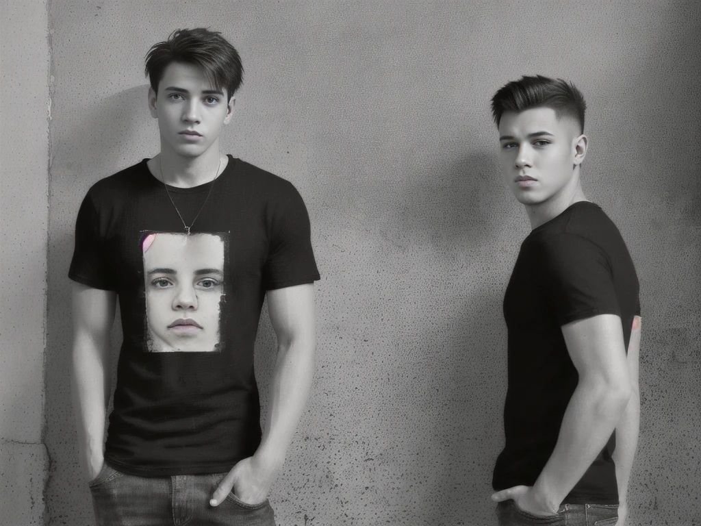 Generate an image in cinematic black and white, a young man wearing a black loose tee shirt in a street . Include a textured on the wall in the background. photograohic illumination
