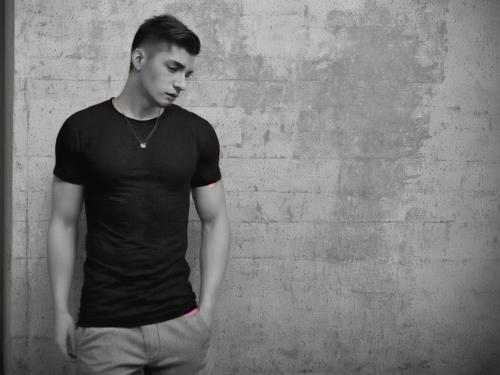 Generate an image in cinematic black and white, a young man wearing a black loose tee shirt in a street . Include a textured on the wall in the background. photograohic illumination