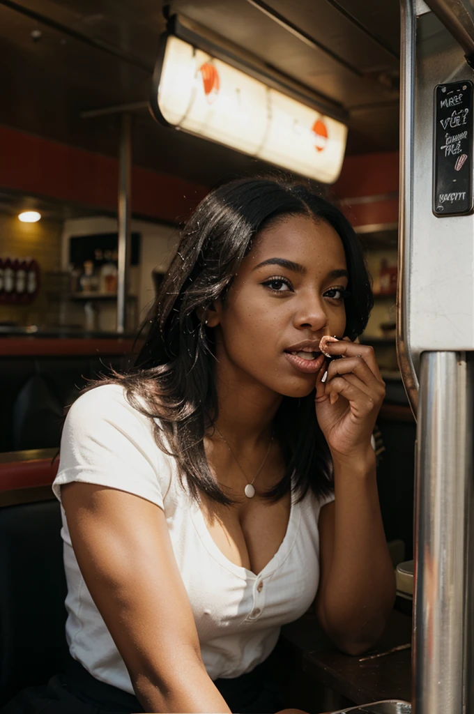 black woman eating a pie in a well-lit red diner during the day
