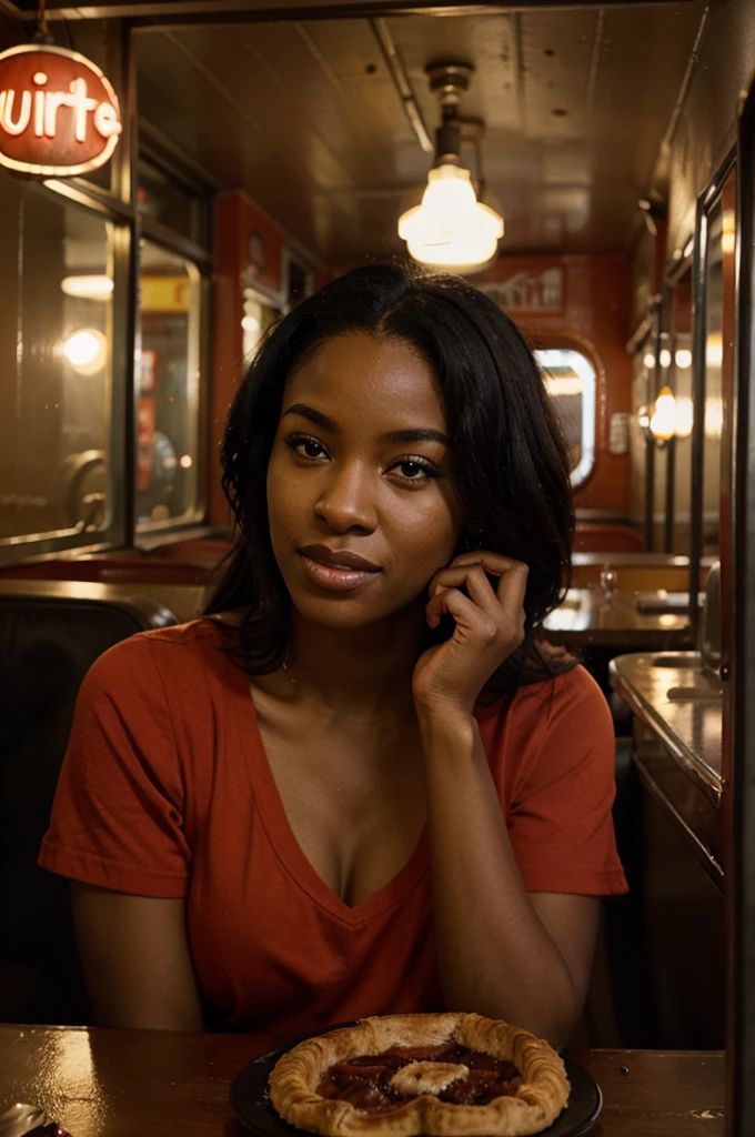 black woman eating a pie in a well-lit red diner during the day