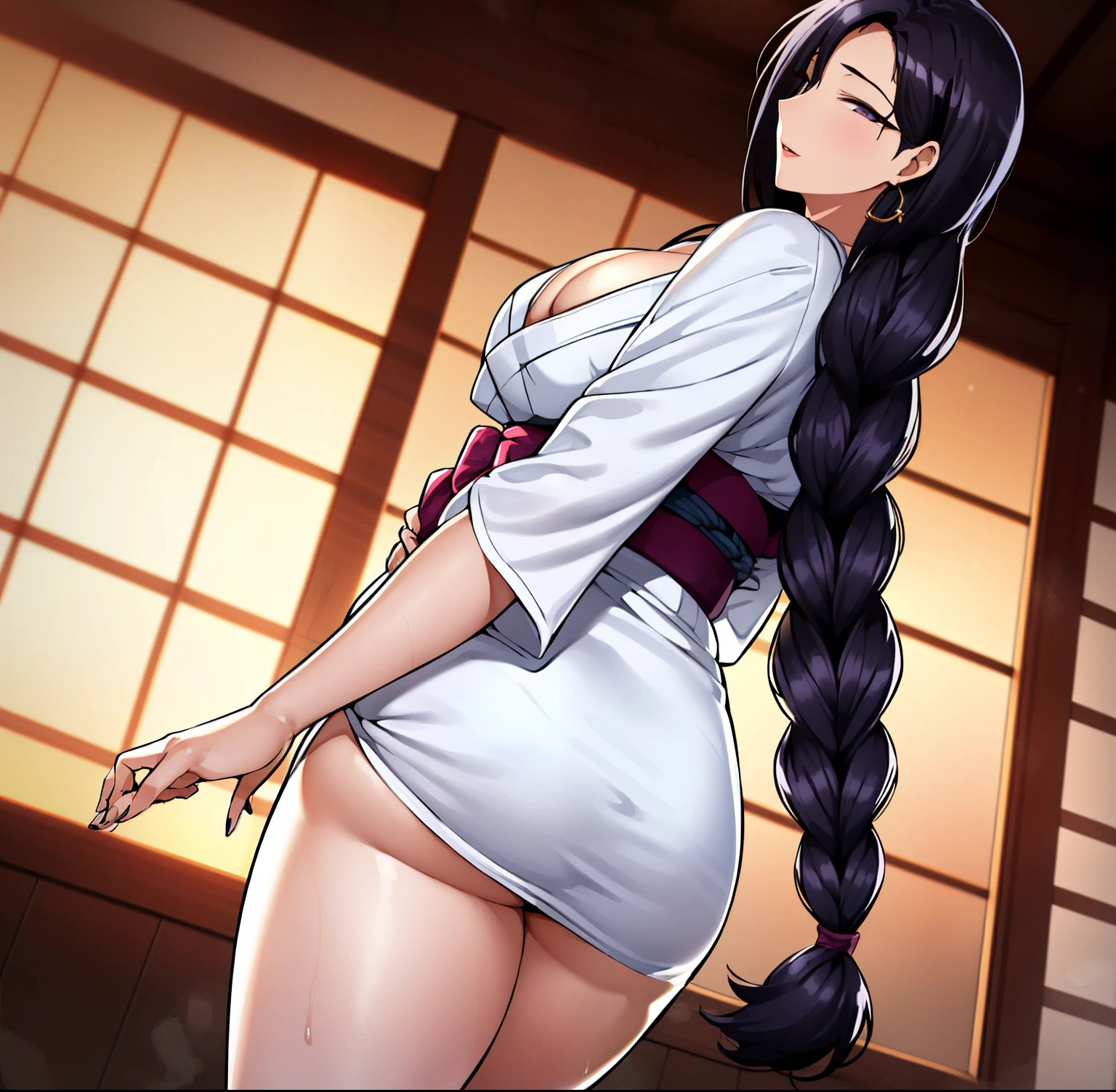 ((1 girl)),((Alone)), Tsubaki Miyajima ,((Extremely detailed CG unity 4k wallpaper)),(Masterpiece),(ultra quality),(Ultra detailed),(best illustration),( best shadow),(extremely detailed),(absurdities),(detailed background), looking at viewer, ((eye contact, (standing:1.2), (skirt pulling:1.3), (seductive look:1.2), seductive smile, ((white kimono:1.4),cleavage,bare legs)) black_Hair, long_Hair, Hair_pulled_Back, parted_Lips, purple_eyes, braid, 1 girl, 24 years old, mature woman, beautiful Finger, beautiful long legs, beautiful body, beautiful Nose, beautiful character design, perfect eyes, perfect face, perfect Fingers, perfect hands, perfect breasts, perfect body, perfect mouth, perfect Lips, , mature woman, curvy body, long hair, black purple hair, blue eyes, dynamic pose, cowboy shot, (thighs: 1.2) , thick thighs )),((interior, ((Standing: 1.2)), house traditional Japanese,night,moon,window,urban background,city lights)),big breasts,narrow waist,wide hips,medium thighs,round butt,Beautiful detailed eyes,suductive look,nail polish,solo,earrings,Backlit ,looking back,from behind,((focus on ass)), pov: (from below), perfect anatomy, perfect hands