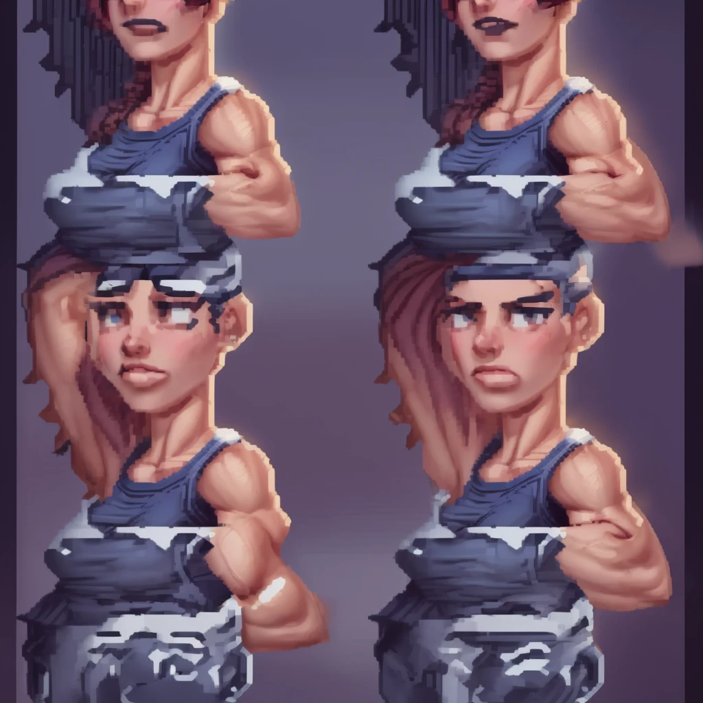 1 girl, upper body portrait, pixelated portrait sprite starde valey, narrow frame broad shoulders, incredibly broad muscular shoulders, incredibly muscular girl from stardew valley. Huge bulging muscles, feminine shapes.