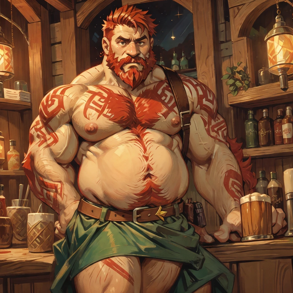 man, Viking, An old face, short stature, Age 60 years, strong, thick, big breasts, big belly, Red hair, big red beard, thick body hair, густые Red hair на груди, густые Red hair на животе, густые Red hair на лобке, густые Red hair на яйцах, thick hair on arms, thick hair on legs, tattoos on body, Tattoos on the torso, drunk face, naked torso, in a short skirt made of green fabric, the skirt is held up by a leather belt with a gold buckle, dick sticking out from under skirt, in the pub, night, warm lamp light, holding a wooden mug in his hand, Very drunk, looks straight