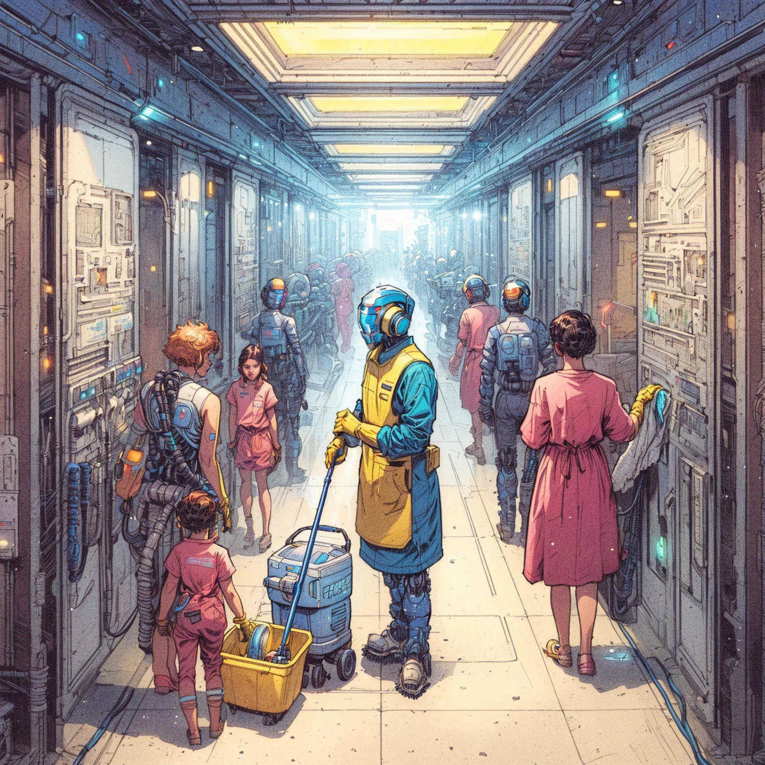 There is a blue cleaning robot standing in a hallway, Greg Beeple, Beeple masterpiece, inspired by Josan Gonzalez, Beeple Artwork, Beeple Art, Alejandro Burdisio Kunst, by Mike "beeple" Winkelmann, beeple daily art, beeple. hyper realism, beeple |
