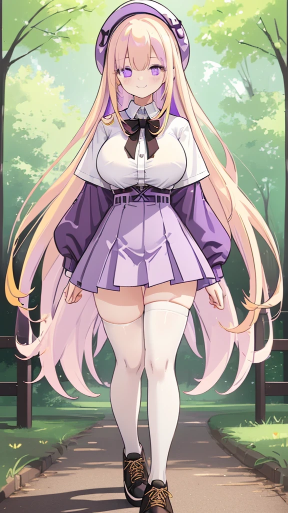 ((Best Quality)), ((Masterpiece)), (detailed), 1 girl, white button-down t-shirt, purple skirt, high brown stockings, black high-heeled sneakers, Pastel yellow hair, long hair, hair covers one eye, purple eyes, tight, big breasts, big thighs, expression smiling shy, walking in a park