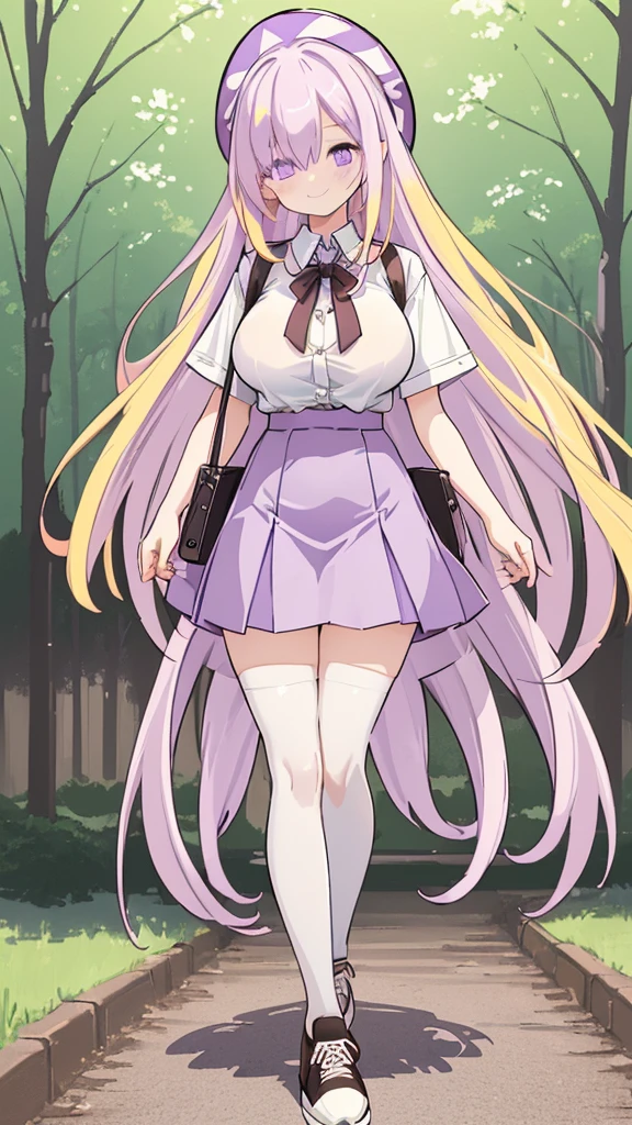 ((Best Quality)), ((Masterpiece)), (detailed), 1 girl, white button-down t-shirt, purple skirt, high brown stockings, black high-heeled sneakers, Pastel yellow hair, long hair, hair covers one eye, purple eyes, tight, big breasts, big thighs, expression smiling shy, walking in a park