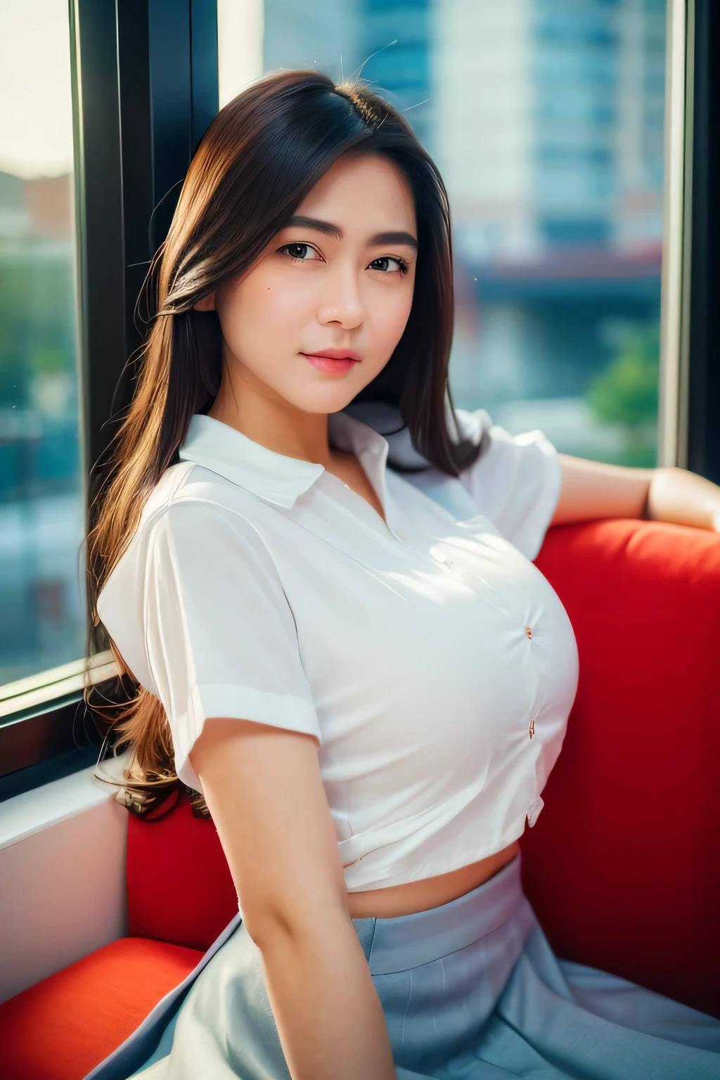 sitting on luxury sofa, spread legs, open legs, pov from front, upskirt, front view, long hair, (detailed face), (window, night city view), at luxury bedroom, slutty pose, slutty expression, cowboy shot, mouth closed, black eyes, 1 girl, 20 years old, Young female, Beautiful Finger, Beautiful long legs, Beautiful body, beautiful breasts, beautiful nipple, beautiful vagina, Beautiful Nose, Beautiful character design, perfect eyes, perfect face, expressive eyes, perfect balance, (looking at viewer), official art, extremely detailed CG unity 8k wallpaper, perfect lighting, Colorful, White skin, (masterpiece:1.0),(best_quality:1.0), ultra high res,4K,ultra-detailed, photography, 8K, HDR, highres, absurdres:1.2, Kodak portra 400, film grain, (vibrant_color:1.2), professional photograph, (Beautiful,huge_Breasts:1.4), (beautiful_face:1.5), (narrow_waist), sma_uniform ((unbuttoned)), schoolgirl uniform, white shirt, grey skirt