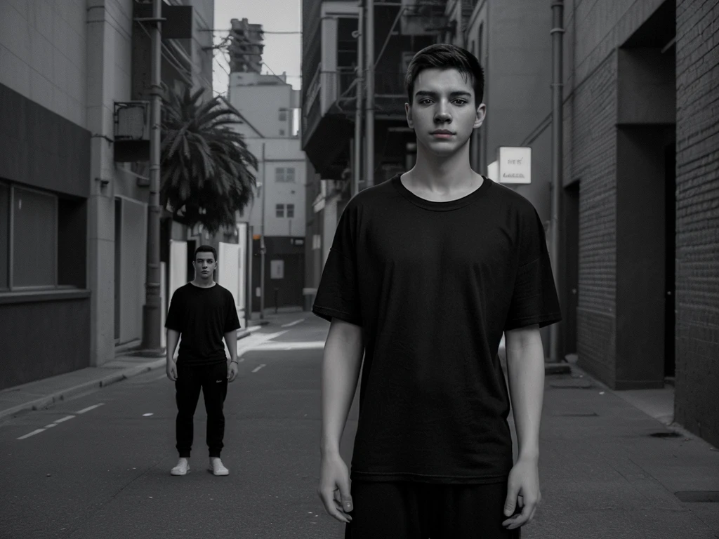 Generate an image in cinematic black and white, a young man wearing a black oversize tee shirt in a street . full body, Include a textured on the wall in the background. photograohic illumination, image in 4k resolution