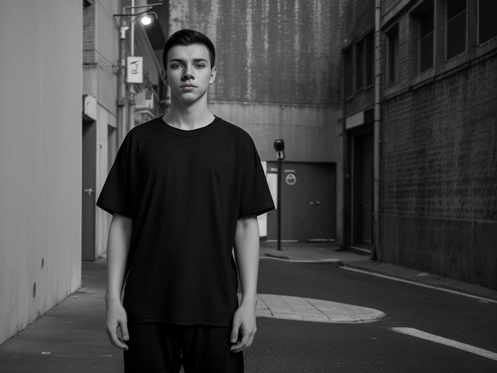 Generate an image in cinematic black and white, a young man wearing a black oversize tee shirt in a street . full body, Include a textured on the wall in the background. photograohic illumination, image in 4k resolution