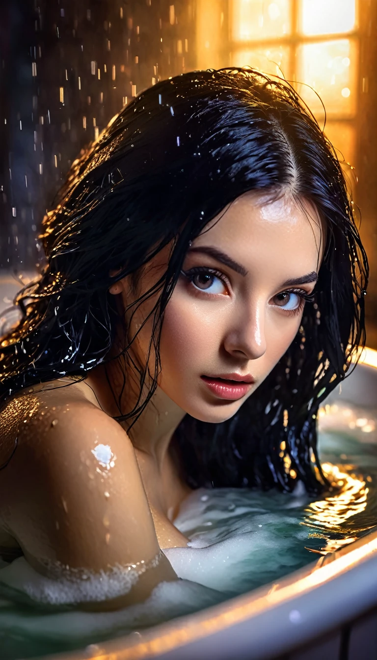 a beautiful woman with long black hair in a bathtub, covered in water,foam,  , sensual expression, (best quality,4k,8k,highres,masterpiece:1.2),ultra-detailed,(realistic,photorealistic,photo-realistic:1.37),HDR,UHD,studio lighting,ultra-fine painting,sharp focus,physically-based rendering,extreme detail description,professional,vivid colors,bokeh,dark moody lighting,dramatic shadows,chiaroscuro,dramatic lighting,moody atmosphere,cinematic,inspired by Bill Sienkiewicz
