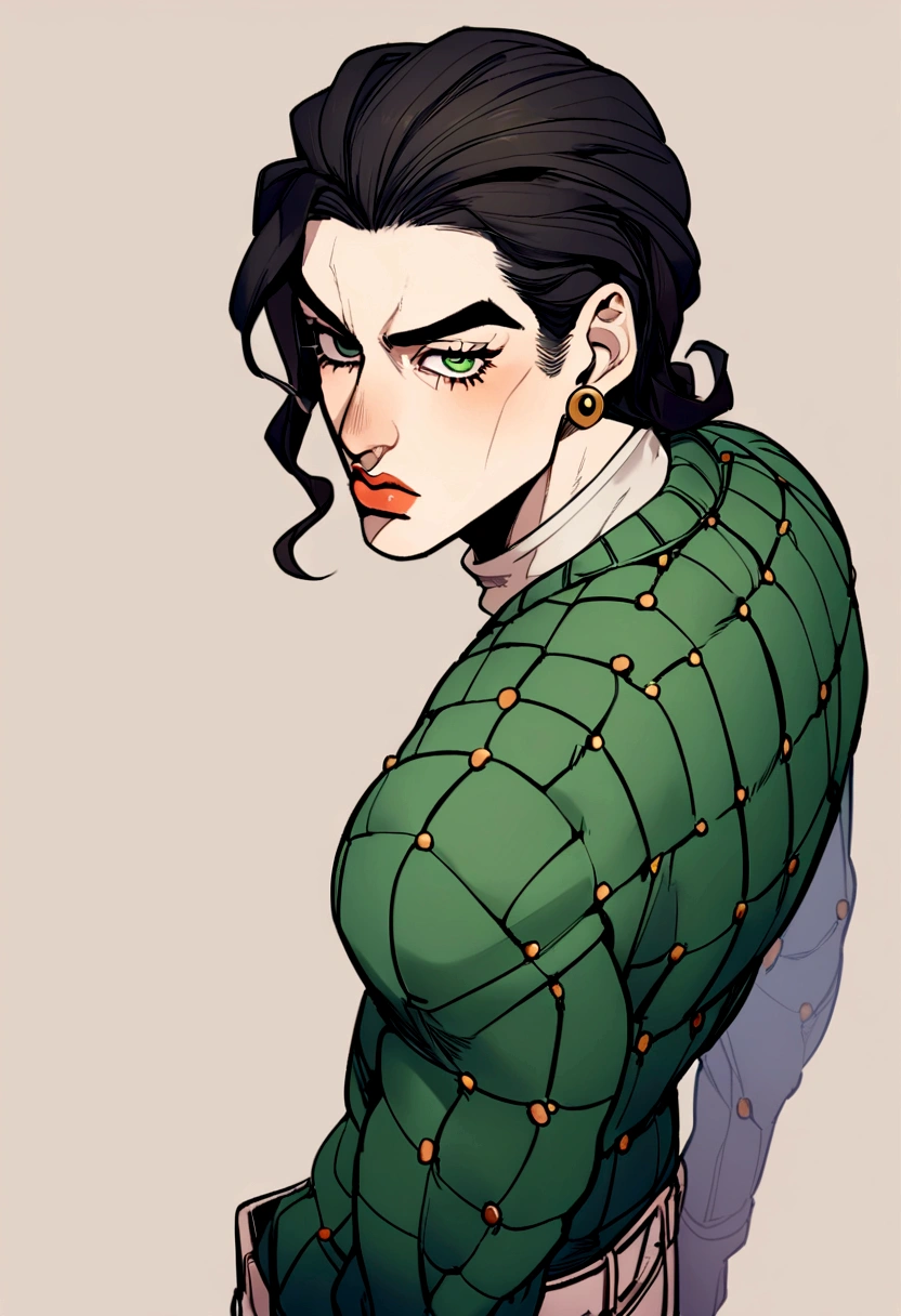 Jojo's Bizarre Adventure style, A person in their 20s, jojo detailed features, above all, greeneyes, posando, dark hair, 2d, アニメ