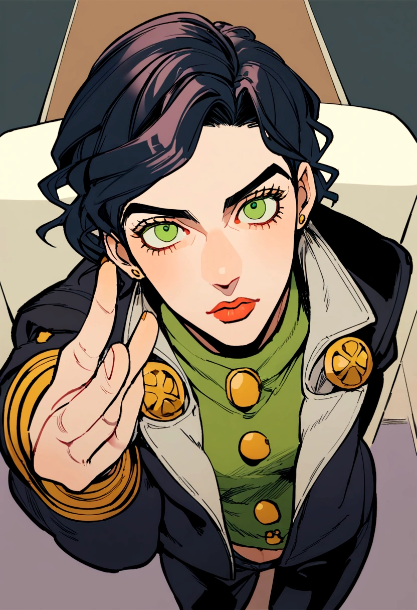 Jojo&#39;s Bizarre Adventure style, A person in their 20s, jojo detailed features, above all, greeneyes, posando, dark hair, 2d, アニメ