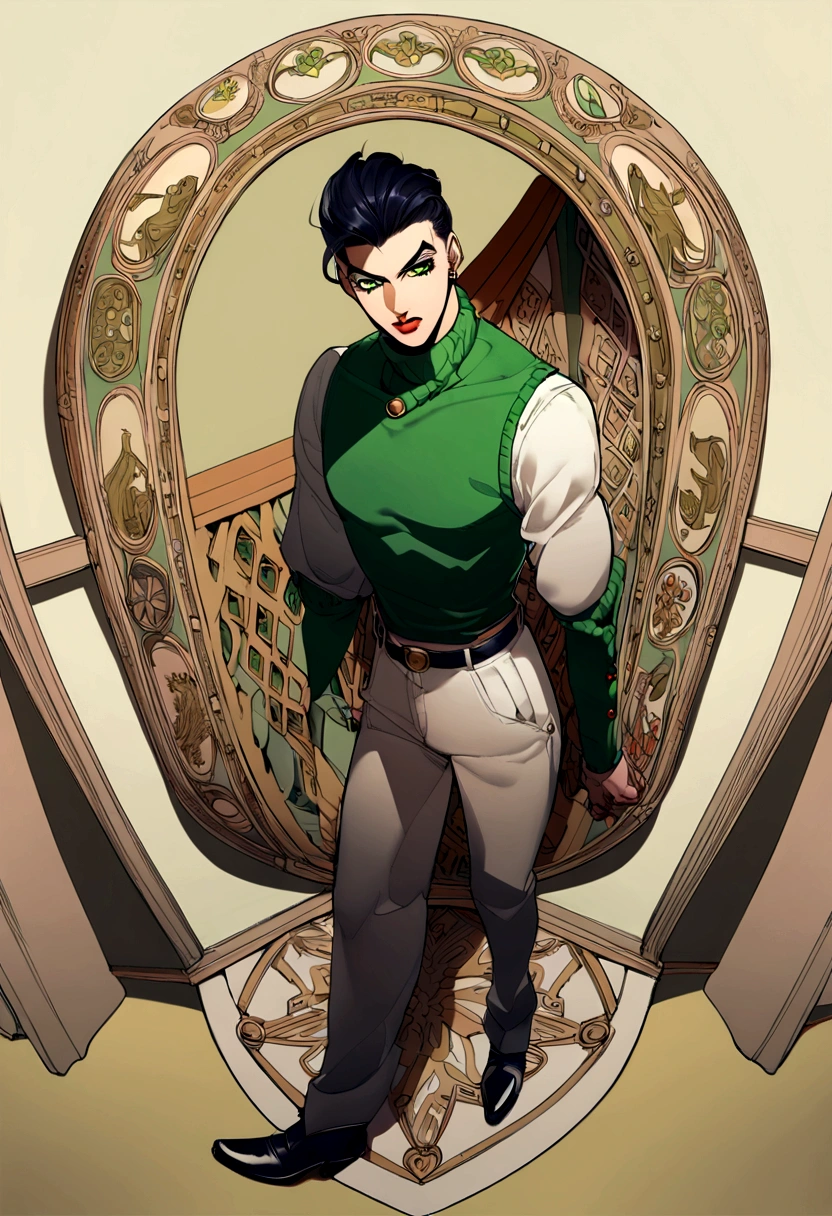 Jojo's Bizarre Adventure style, A person in their 20s, jojo detailed features, above all, greeneyes, posando, dark hair, 2d, アニメ