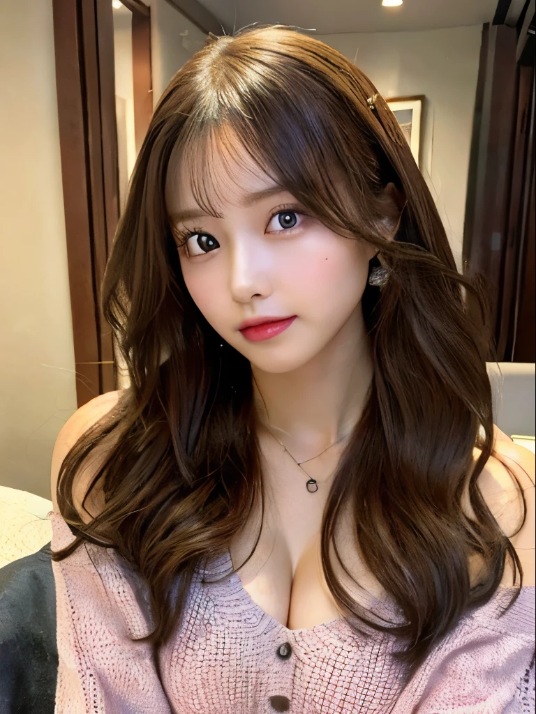 best qualtiy,tmasterpiece,超A high resolution,(realisticlying:1.4),
1girll long curly hair,Rich in detail, shoulder,cleavage,Knitwear, Deep shading, messy room, sit pose, Sitting on an object,