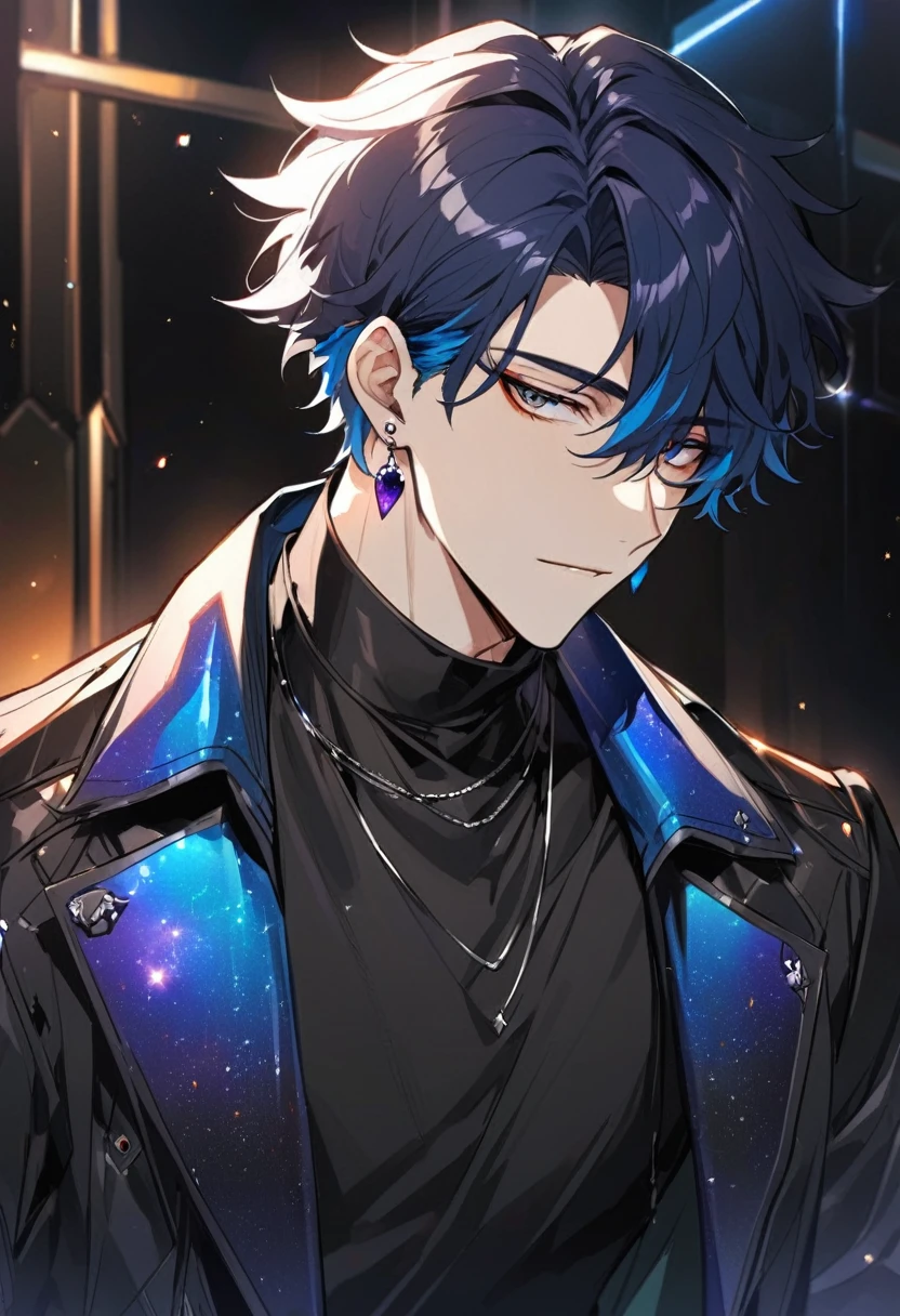 a handsome young man, he wears galaxy colored earrings, wolf style haircut, he looks so mysterious, He was dressed in a black shirt with his black coat hanging over his shoulder. Manhwa style.