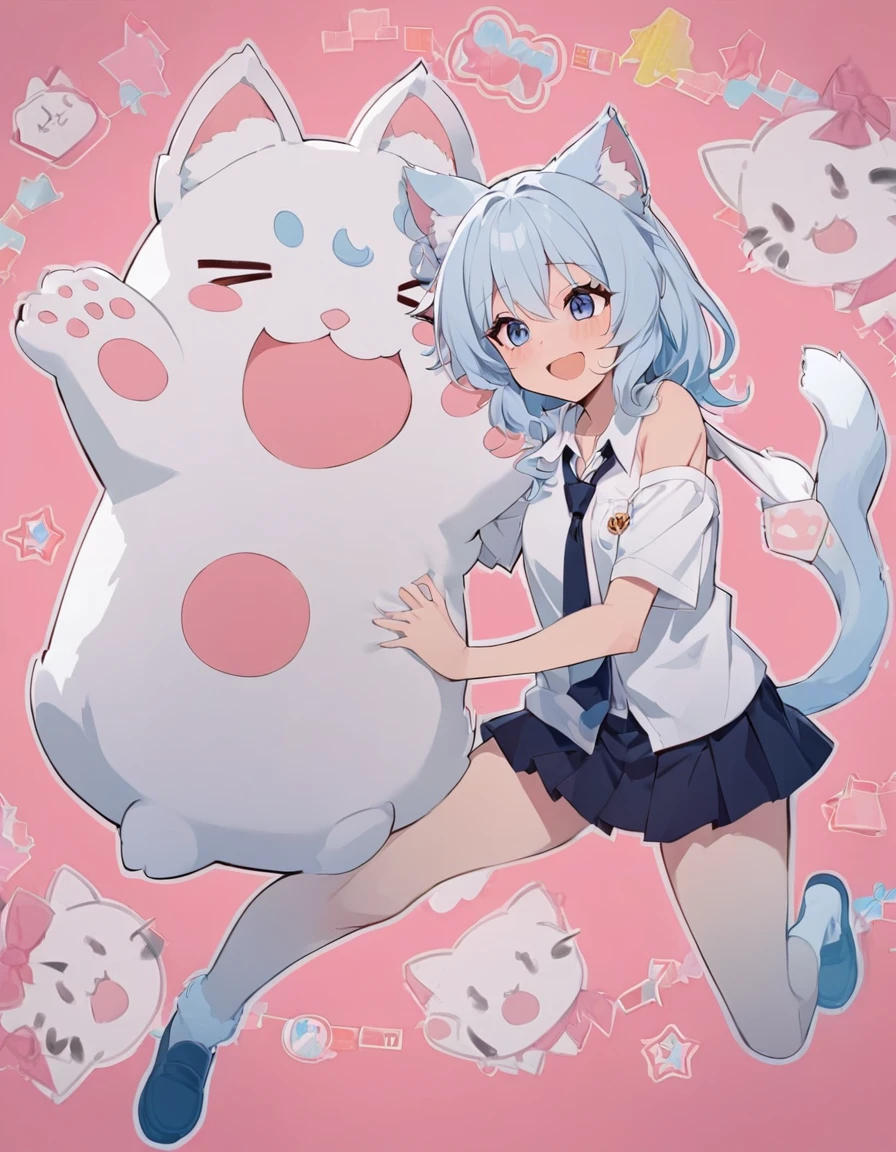 Anime masterpiece, one beautiful catgirl with long white and light blue hair and fluffy neko ears wearing a school dress with big plush cat paw. The girl have loose shirt with loose long necktie, off-shoulder shirts, and cute mini skirt, and a white and light blue fox fluffy tail. 
She have cute face neko details, a roaring smile, and is in a playful playing pose with cat-like roaring with a pow higher than the other one. The scene in anime style, with pink flat background. Nearly Full body funny composition