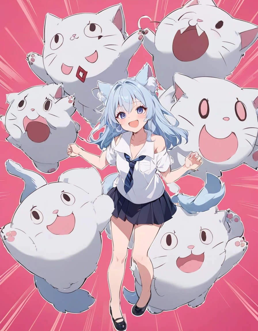 Anime masterpiece, one beautiful catgirl with long white and light blue hair and fluffy neko ears wearing a school dress with big plush cat paw. The girl have loose shirt with loose long necktie, off-shoulder shirts, and cute mini skirt, and a white and light blue fox fluffy tail. 
She have cute face neko details, a roaring smile, and is in a playful playing pose with cat-like roaring with a pow higher than the other one. The scene in anime style, with pink flat background. Nearly Full body funny composition