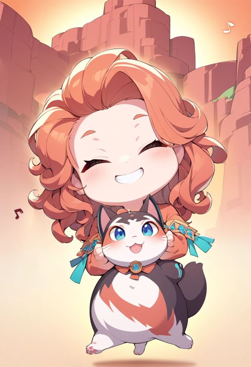 (Red Cliff, Big Head, whole body, Super deformed), best quality, very good, 16K, Ridiculous, Extremely detailed, 2.5D, Delicate and dynamic depiction, Cute girl, Smile, Orange Messy Wavy Hair, Ahog, Holding a cute furry cat in my arms, Dancing note effect, Soft and bright colors background, portrait