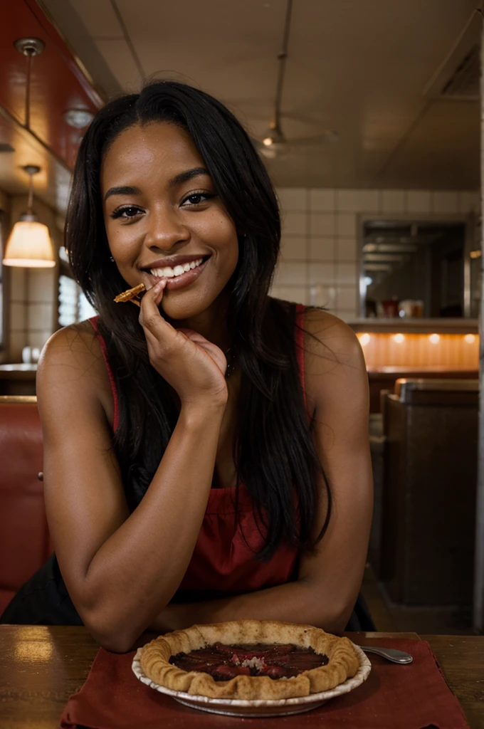 smiling black woman eating a pie in a well-lit red diner during the day