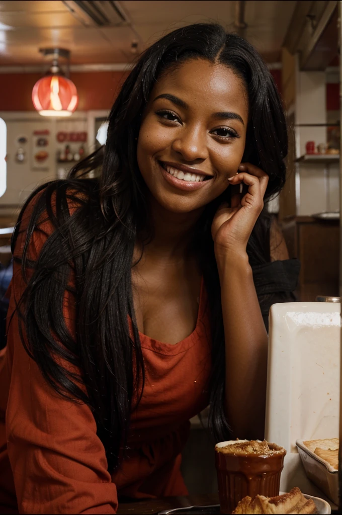 smiling black woman eating a pie in a well-lit red diner during the day