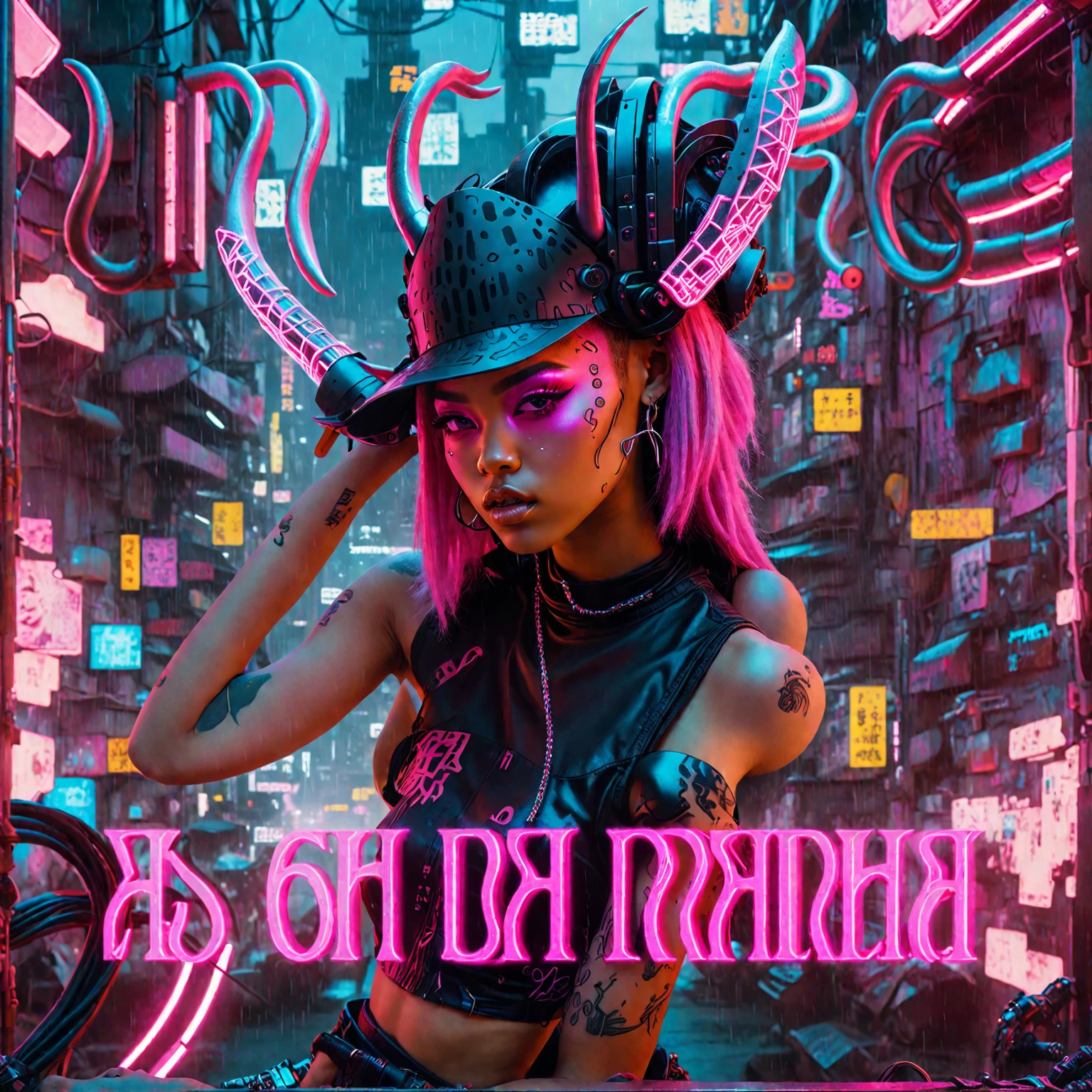 Cyberpunk, a light skin woman wearink pink cybernetic clothes and a hat with horns, album cover, ultra quality, 8k, cinematic scene, cyberpunk afro, pink hair and eyes, neon eyes