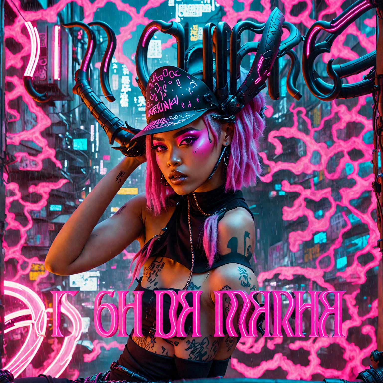 Cyberpunk, a light skin woman wearink pink cybernetic clothes and a hat with horns, album cover, ultra quality, 8k, cinematic scene, cyberpunk afro, pink hair and eyes, neon eyes
