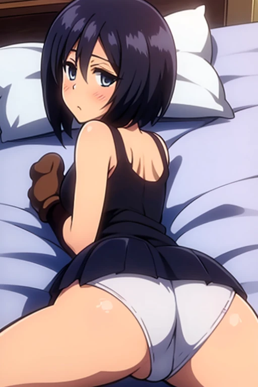 tennis girl's massive rear butt cheeks out of bottomless slutty mini skirt out bare, showing her butt, lying down, on bed, wearing oven mittens under big pillow, blindfold