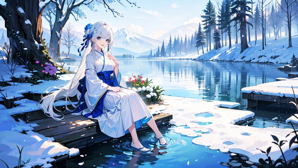 ((best quality,masterpiece,Extremely complex and exquisite details,There is only one sweet and beautiful girl with long white straight hair and blue eyes,Smile,long skirt)),(Exquisite light blue and white Japanese clothing,Beautiful bright and exquisite snow white ancient style high transparent architectural background),(correct anatomy,exquisite face),(touch flowers,Snow,Falling Flowers,Majestic and elegant outdoors),((Long-distance full body picture of a single person,Sitting by the lake)),sweet atmosphere