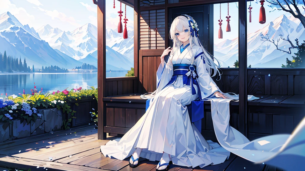 ((best quality,masterpiece,Extremely complex and exquisite details,There is only one sweet and beautiful girl with long white straight hair and blue eyes,Smile,long skirt)),(Exquisite light blue and white Japanese clothing,Beautiful bright and exquisite snow white ancient style high transparent architectural background),(correct anatomy,exquisite face),(touch flowers,Snow,Falling Flowers,Majestic and elegant outdoors),((Long-distance full body picture of a single person,Sitting by the lake)),sweet atmosphere