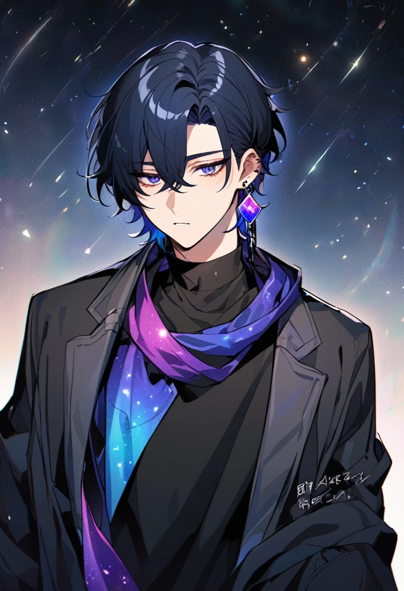 a little boy, he wears galaxy colored earrings, he looks so mysterious, He was dressed in a black shirt with his black coat hanging over his shoulder. Manhwa style.