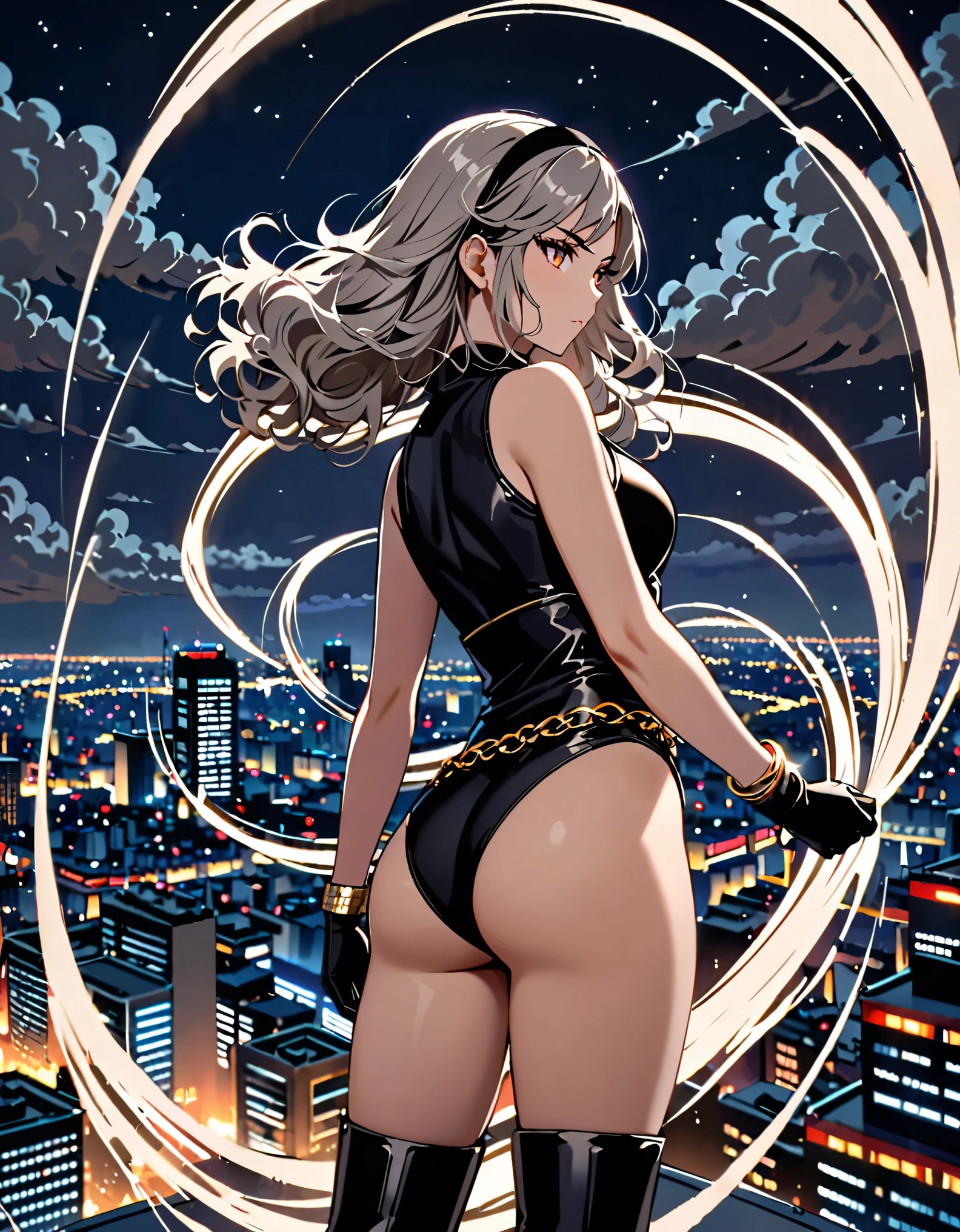 masterpiece, best quality, 1girl, grey hair, shoulder length hair, wavy hair, black hairband, auburn eyes, beautiful detailed eyes, beautiful detailed face, cute face, stoic, professional, ninja, black leotard, black tactical gloves, bare legs, gold bracelets, black thigh-high boots, cityscape, night, noir atmosphere. (back view, rear view), spins in place like a (tornado), spins like a tornado, (she spins) at an incredible speed, creating a whirlwind of air around her, spiral lines around, cyclone winds around, tornado spinning.