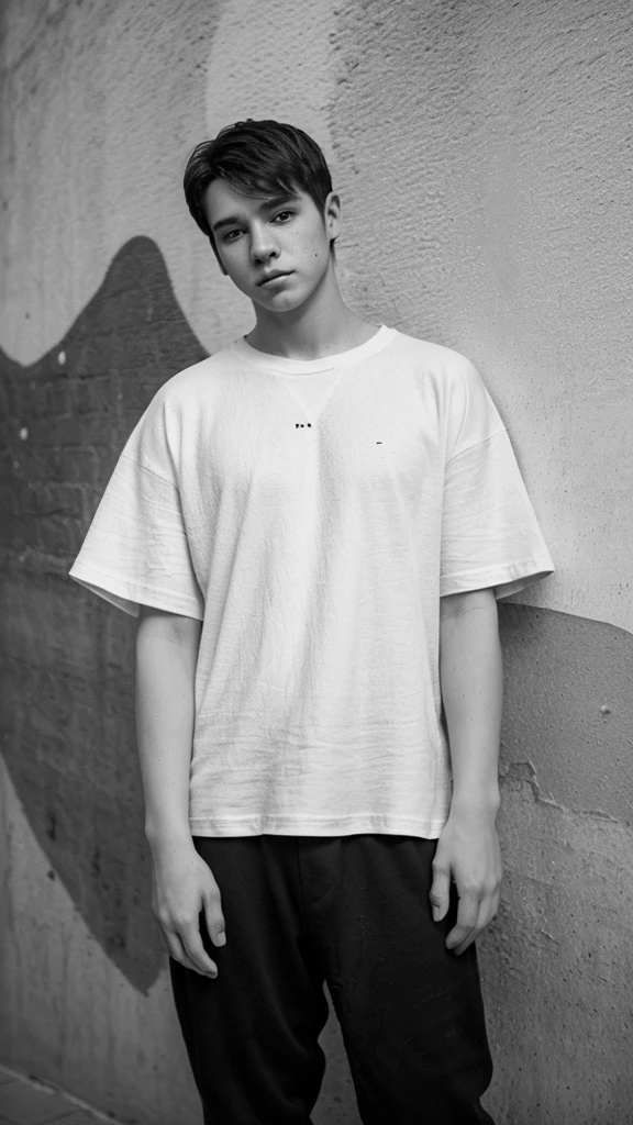 Generate an image in cinematic black and white, a young guy wearing a white oversize tee shirt in a street . full body, Include a textured on the wall in the background. photograohic illumination, image in 4k resolution