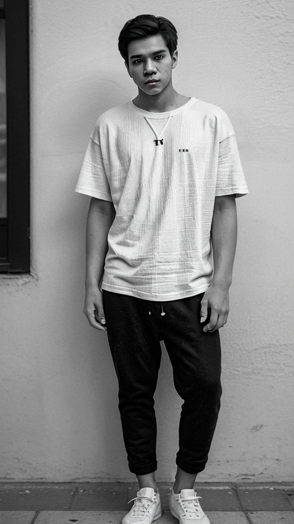 Generate an image in cinematic black and white, a young guy wearing a white oversize tee shirt in a street . full body, Include a textured on the wall in the background. photograohic illumination, image in 4k resolution